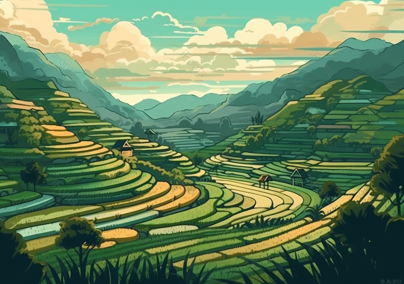 绿色梯田芒种手绘场景,插画/手绘图,插画/手绘图库,插画/手绘图下载,插画/手绘